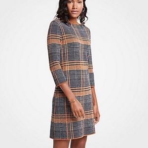 ANN TAYLOR WOOL BLEND PLAID BOAT NECK SWEATER SHIFT DRESS COGNAC AMBER